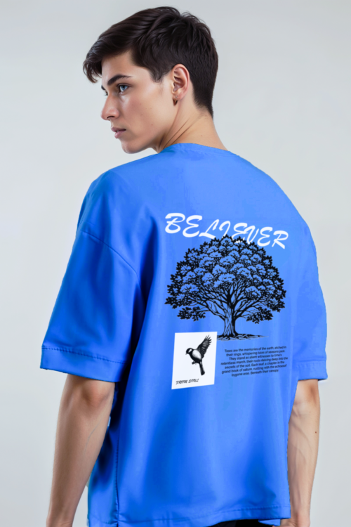 Mens Blue Believer Soul with Tree Crafted Oversize Tshirt