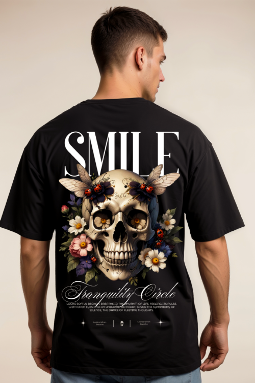 Mens Black Smile Skull Printed Oversize Tshirt